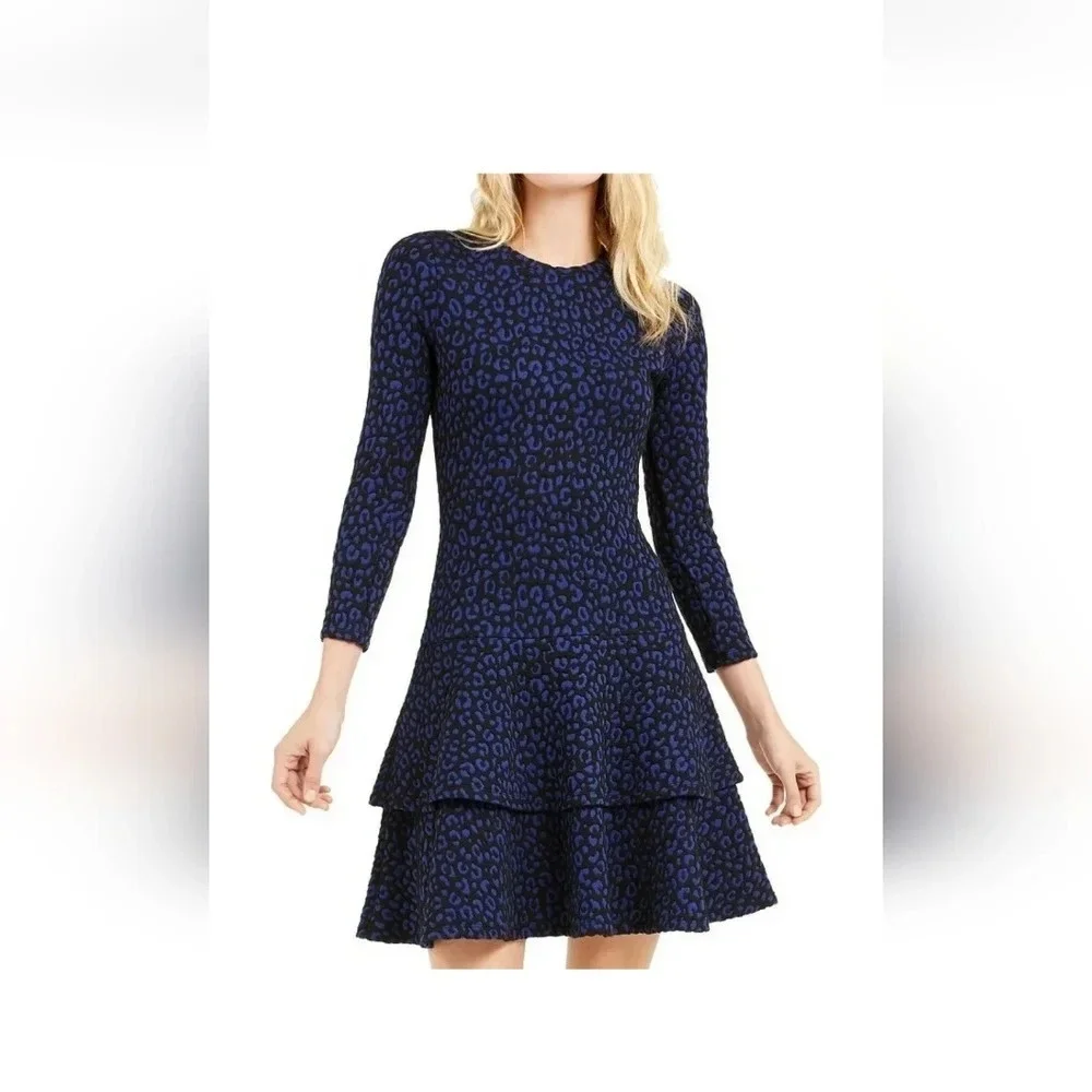 Michael Kors Flat Cat Jacquard Tiered Dress Black Twilight Blue Size Small NWT